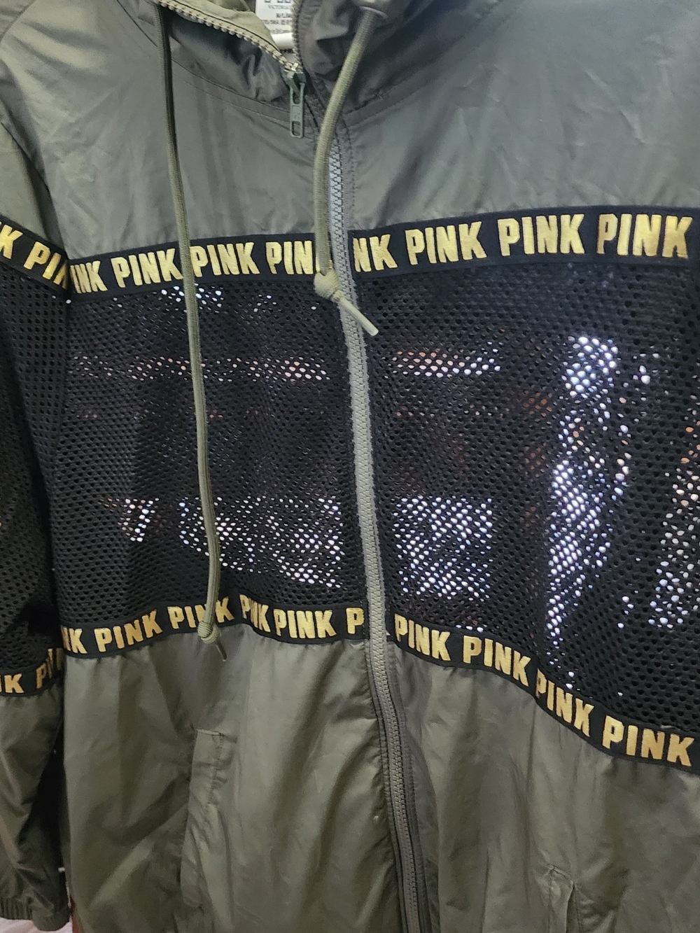 PINK Victoria's Secret Olive Green Hooded Jacket with Black Mesh Lining Sz M/L